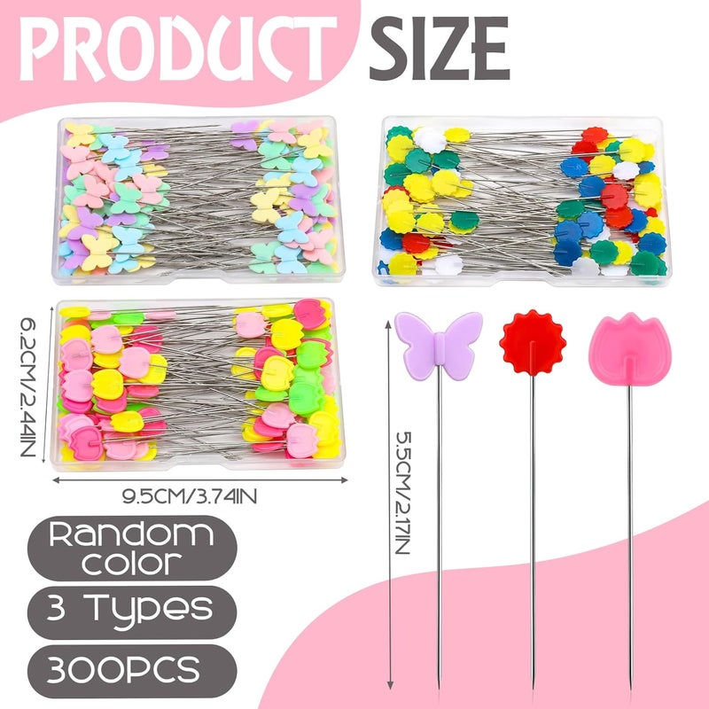 FTEVEN 300PCS Flat Head Straight Pins Kits, Head Sewing Pins Quilting Pins, Flower Head Sewing Pins for Fabric with Storage Boxes for Sewing DIY Projects, Dressmaker Decoration - Image 2